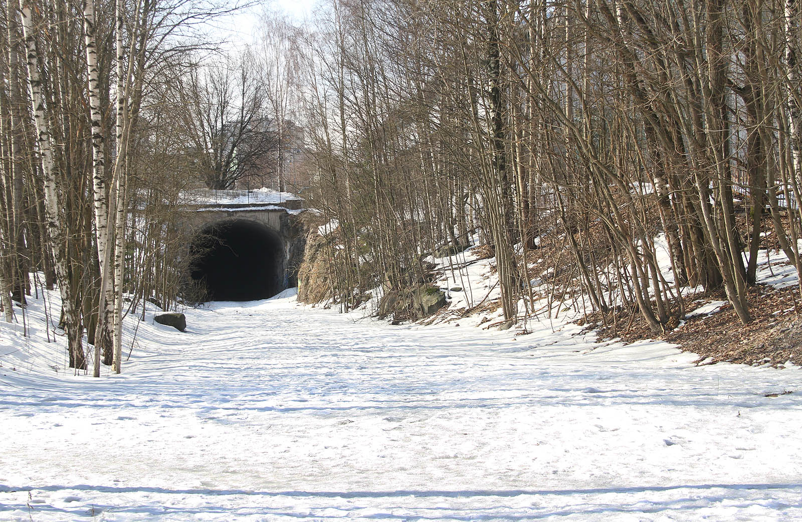 Východní portál tunelu ústí pod ulicí Mäkelänkatu do parku s úžasným názvem Vallilanlaaksonkenttä.