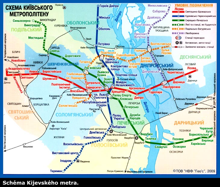 Mapa Kijevského metra (též plán, schéma Kyjevského metra).