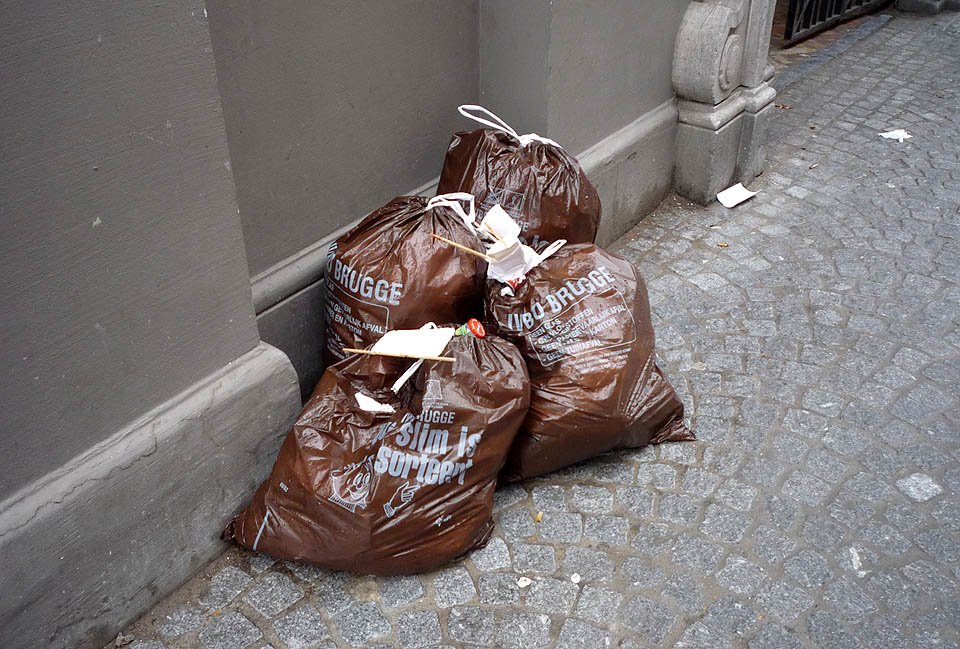 V systému sběru odpadků mají v Bruggách co dohánět. Různobarevné pytle umísťované před dům v jednotlivých dnech místo popelnic město neskonale hyzdí.