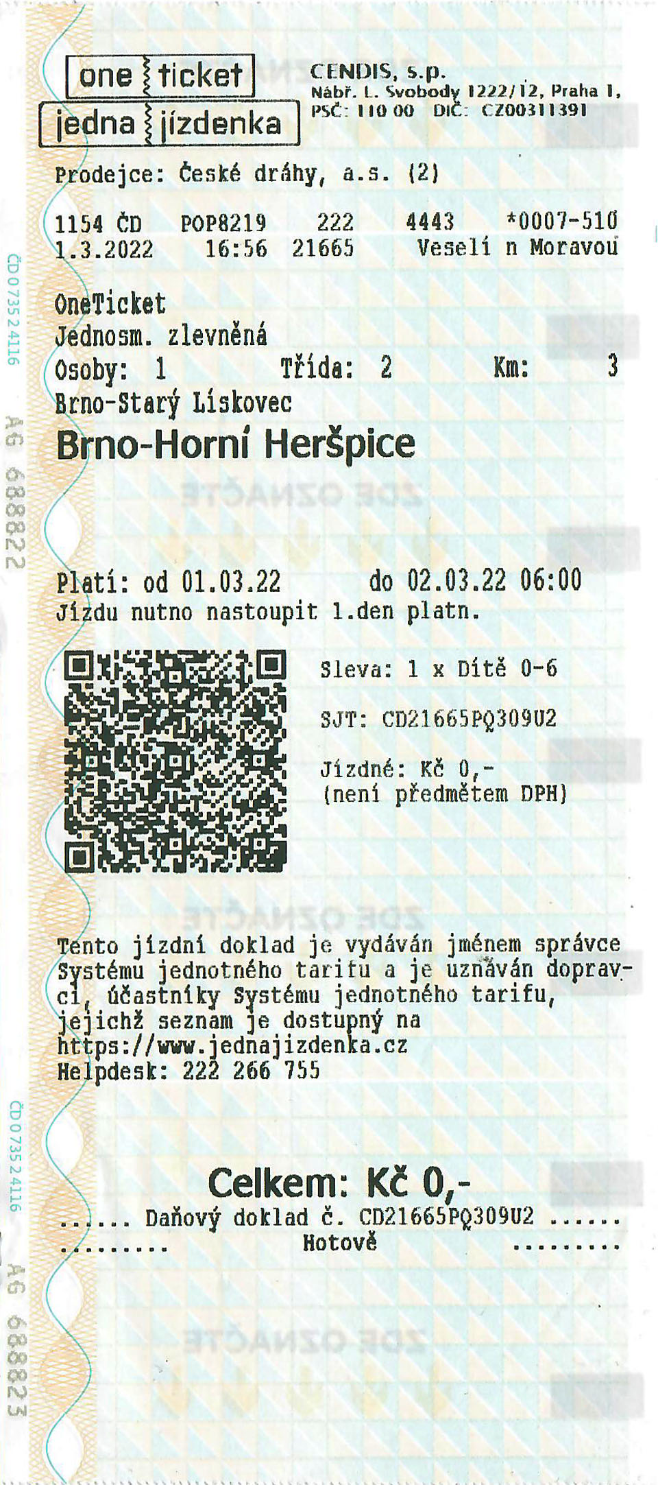 Jedna jízdenka vydaná ze zastávky Brno-Starý Lískovec do stanice Brno-Horní Heršpice.