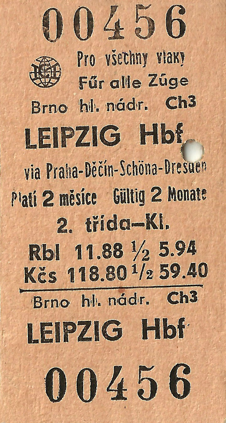Jízdenka z <a href="/Tema/Brno hlavní nádraží (žst)">brněnského</a> na <a href="/Tema/Leipzig Hauptbahnhof (žst)">lipské</a> hlavní nádraží z 23. května 1982.