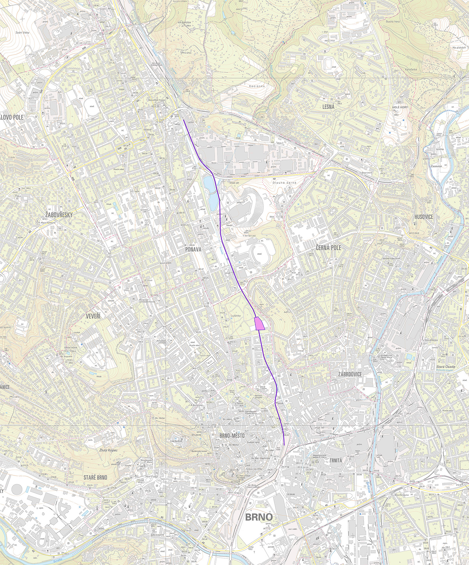 Na plánku současného Brna je zakreslena Nejstarší Tišnovka včetně zastávky či nákladiště Augarten v prostoru dnešních Lužánek. Při kliknutí na pravou čtvrtinu obrázku se zobrazí i mapka se zakreslením později dobudovaných železničních tratí.