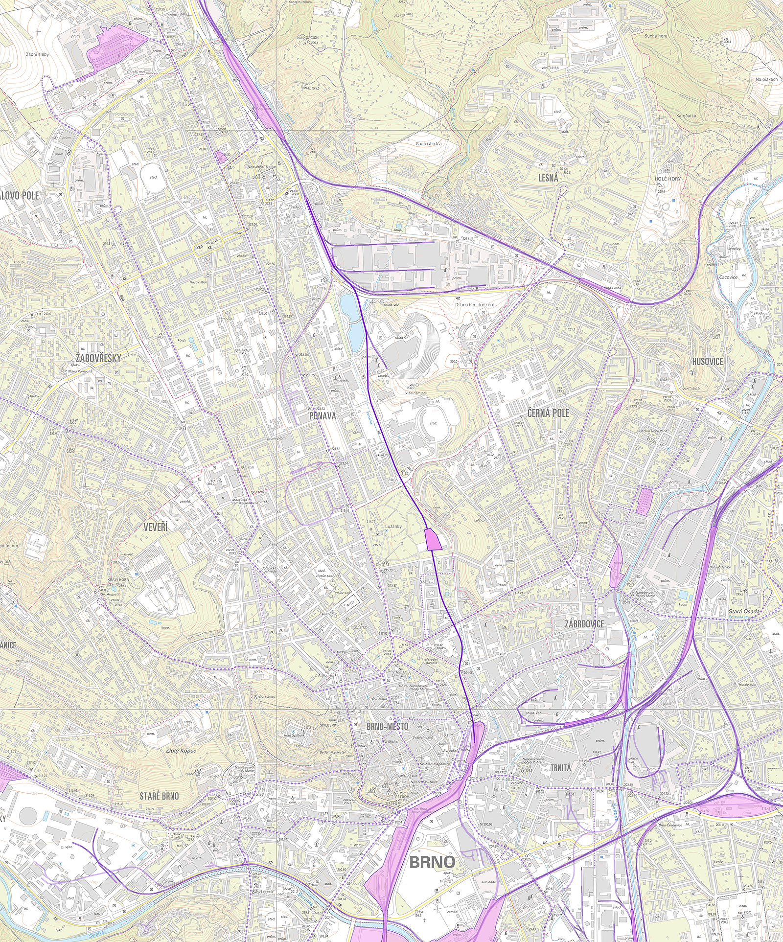 Na této mapě je vidět Nejstarší Tišnovka v kontextu všech ostatních brněnských železnic (plné čáry) a tramvajových tratí (tečkovaně). Zastávky, stanice a vozovny jsou vyznačeny jako růžové plochy.