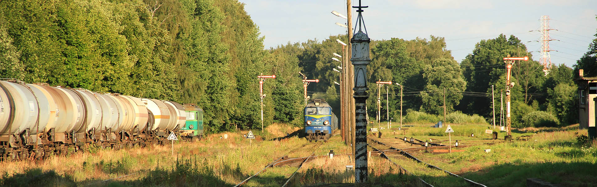 Jižní zhlaví stanice Nowy Świetów, na kterém je dobře vidět šikmo odbočující kolej a odjezdové návěstidlo na zrušenou trať do Slawniowic.