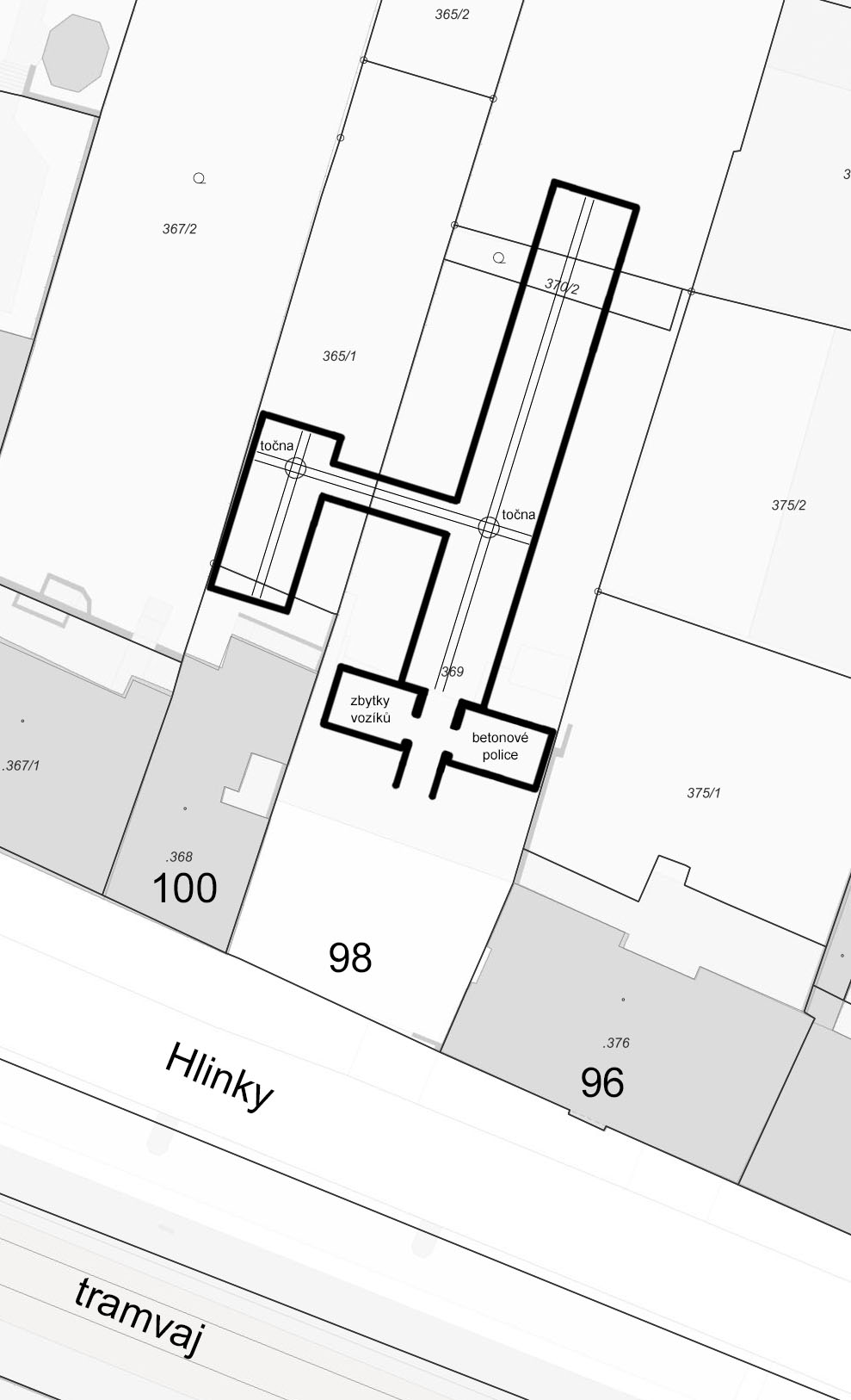 Plánek sklepů za domy Hlinky 98 a Hlinky 100.
