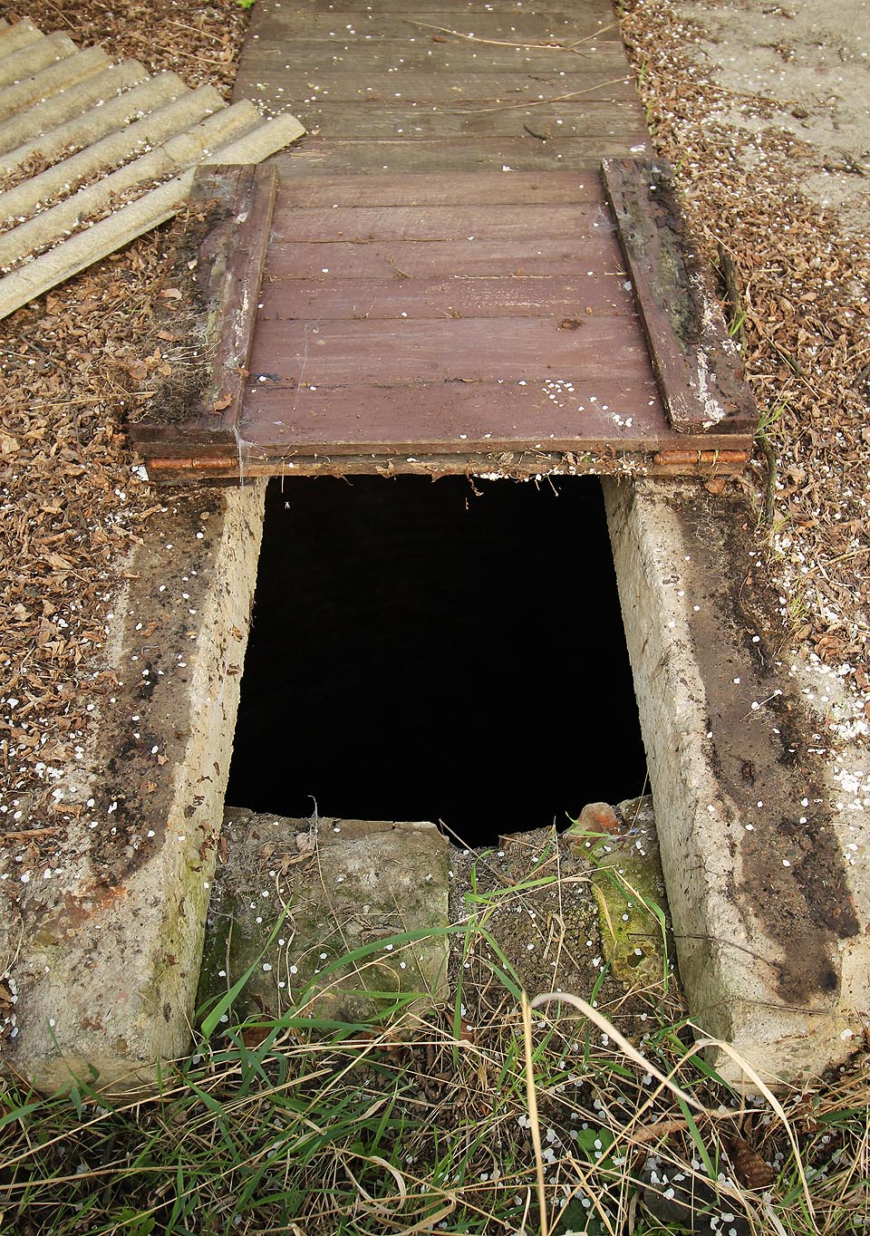 Pod víkem lze spatřit cihlovou obrubeň a tmavý otvor, ze kterého se line chladný a vlhký vzduch. Tušit je pořádná hloubka neznámé podzemní prostory.