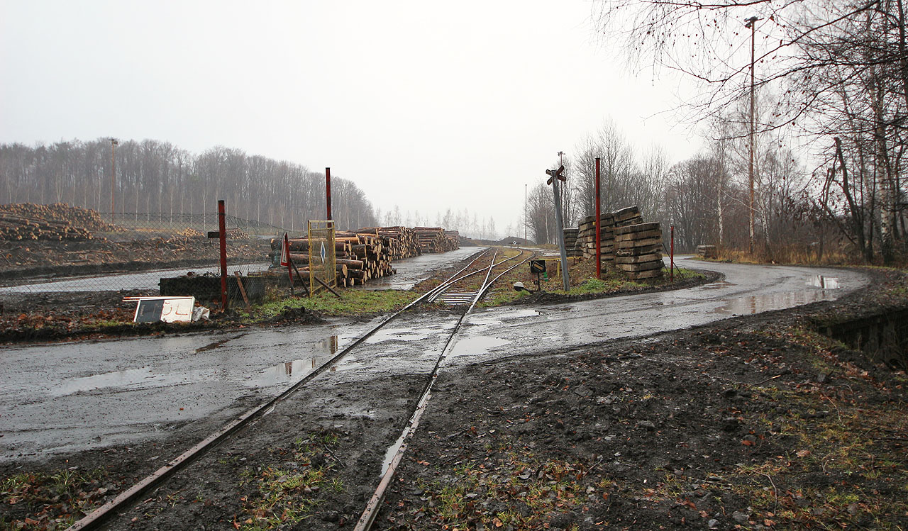 Po překonání místní komunikace vchází kolej vlečky branou do areálu uhelných skladů (v roce 2020 dočasně sloužícího pro nakládku kalamitního dřeva) a záhy se rozvětvuje na dvě nakládkové koleje.